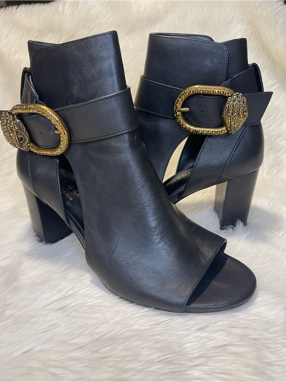 Kurt Geiger Black Open-Toe Ankle Boots with Gold Buckle